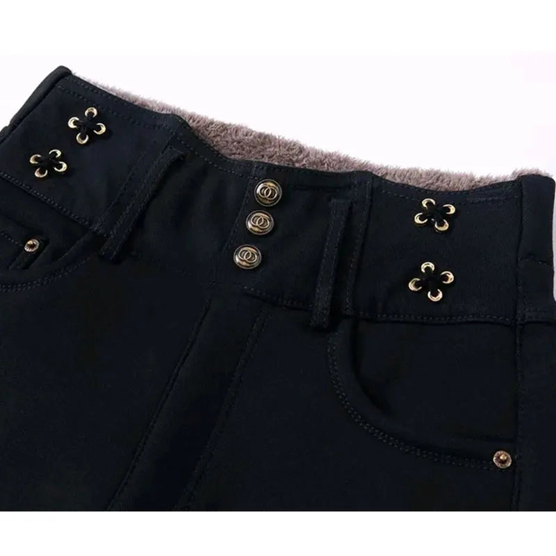 Jeans coreano elástico de cintura alta com pelúcia ártica, zíper de botão monocromático, calça lápis reta preta, moda fina, outono e inverno, nova