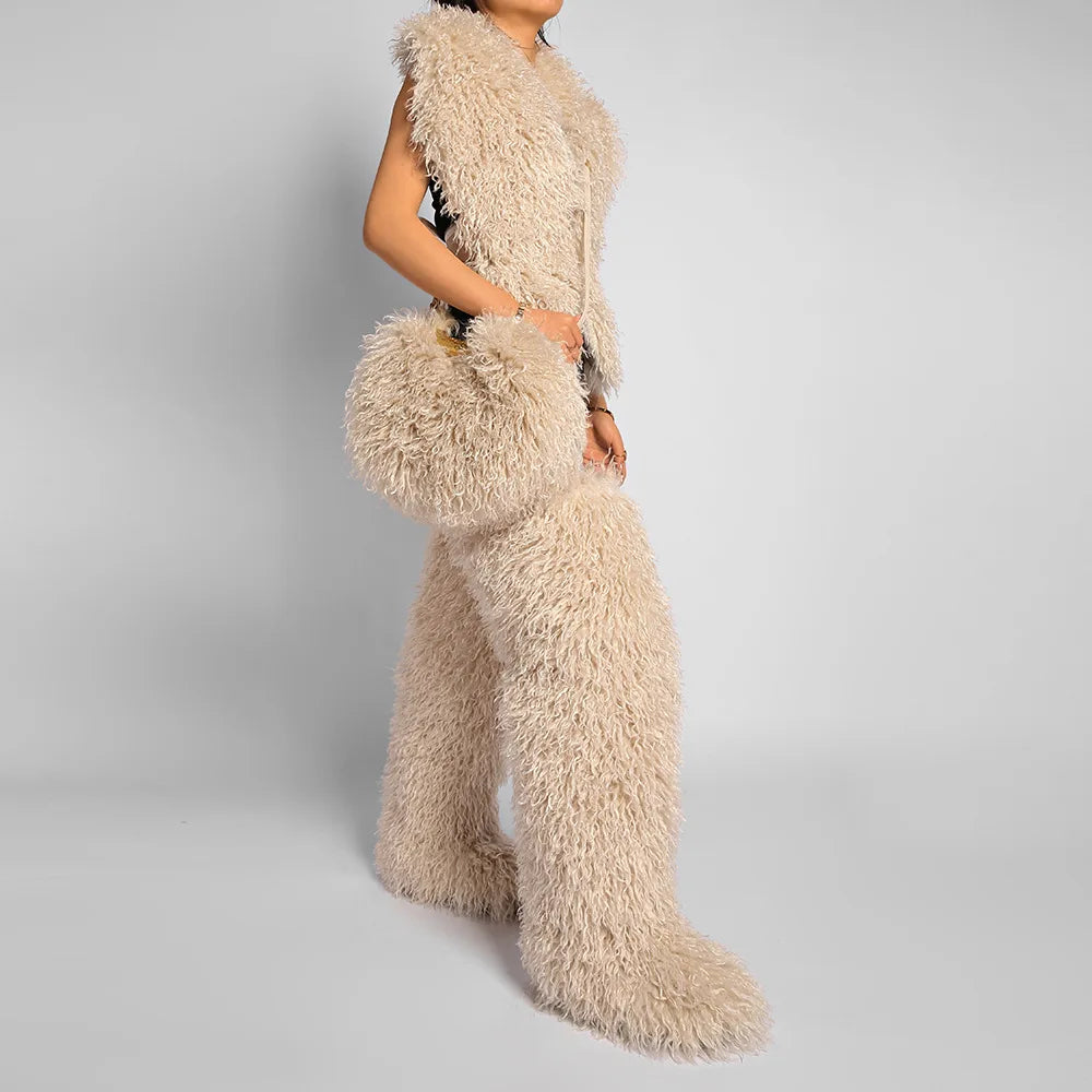 Moda feminina longa pele lã saco praia falso lã pele bolsa de ombro senhoras peles falsas bolsa luxo mongol ovelhas sacos de pelúcia