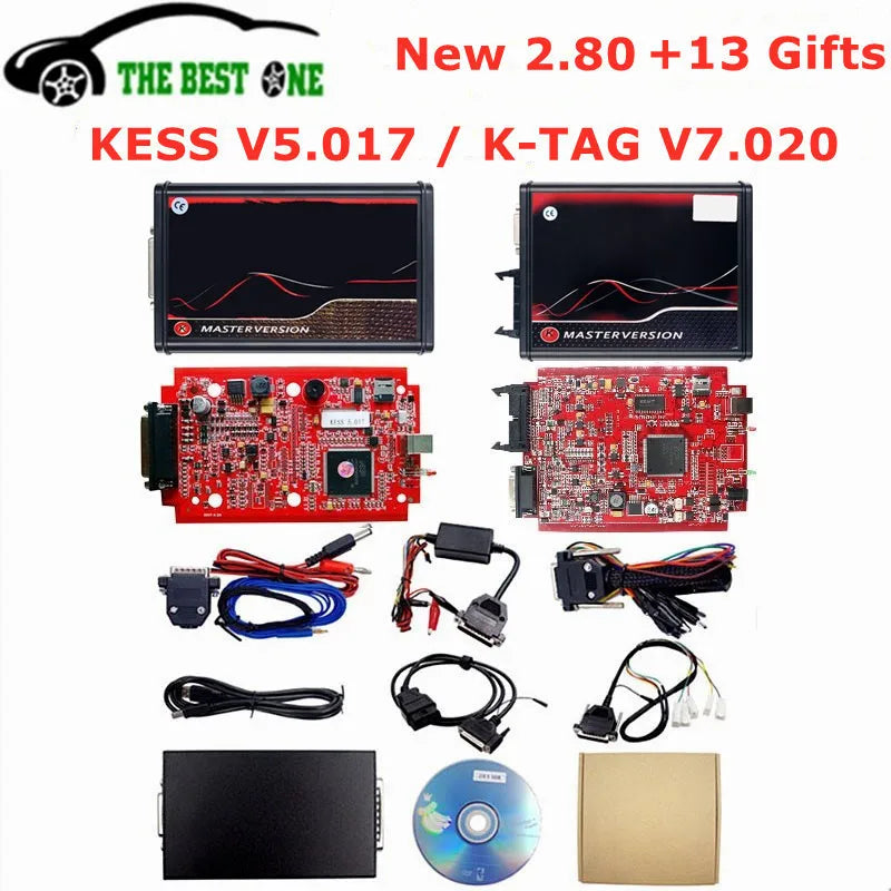 Online 2.80 UE Red Kess V5.017 OBD2 Manager Remap Kit KTAG V7.020 4 LED BDM Frame 22pcs Adaptadores K-TAG 2.25 ECU Flash Tool