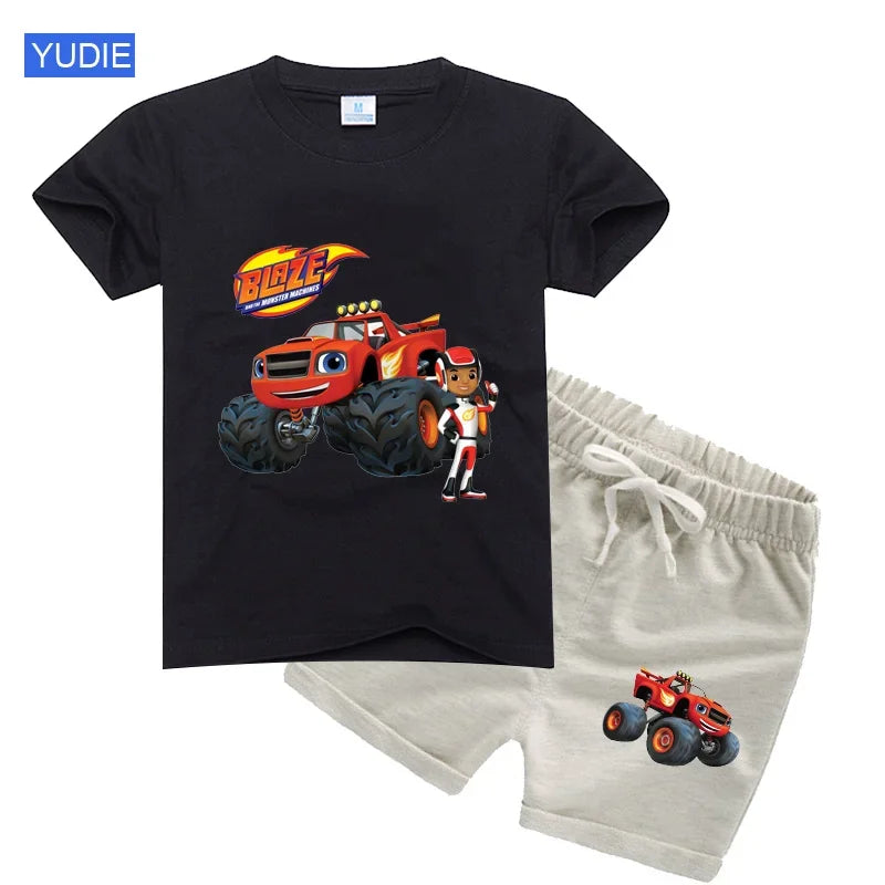 Conjunto de t-shirts e shorts para bebês e meninas, roupas de desenhos animados, velocidade incrível, carros, máquinas monstro, crianças, terno 2pcs, verão