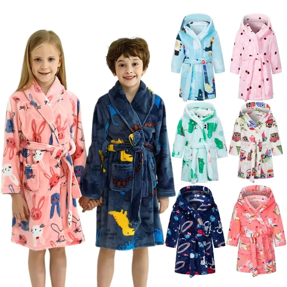 Roupão de banho infantil de dinossauro com capuz, pijama de unicórnio de desenho animado para meninos, roupões de banho de lã para meninas, roupa de dormir para bebês
