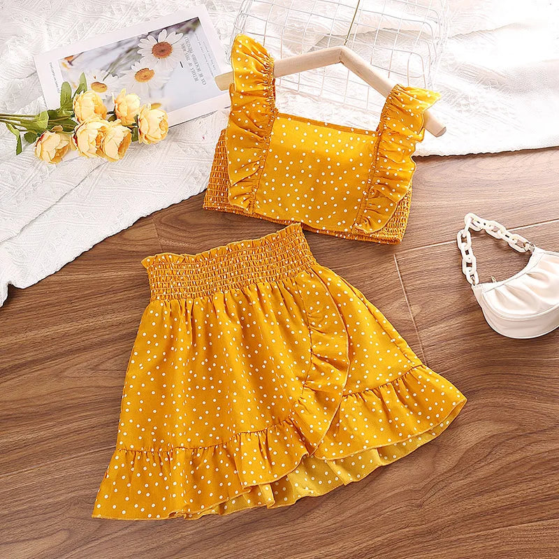 Conjunto de roupas para meninas 5-12t tricolor opcional manga voadora gola quadrada colete top + saias de renda crianças meninas conjunto de roupas de bebê