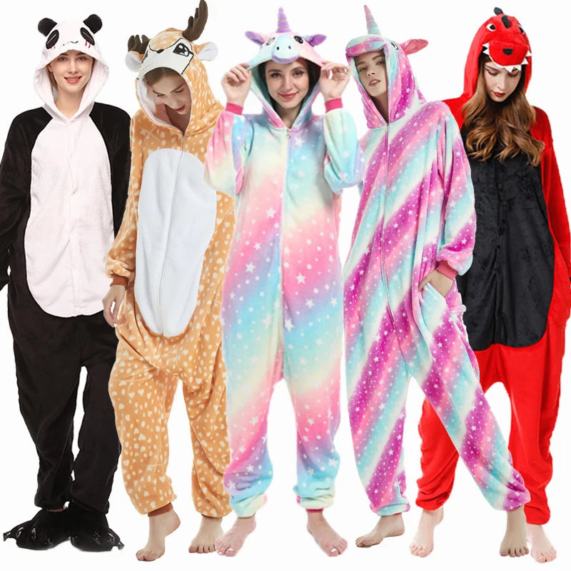 Mulheres animal kigurumi pijamas inverno grosso flanela pijamas adulto com capuz pijama homewear halloween cosplay trajes de festa