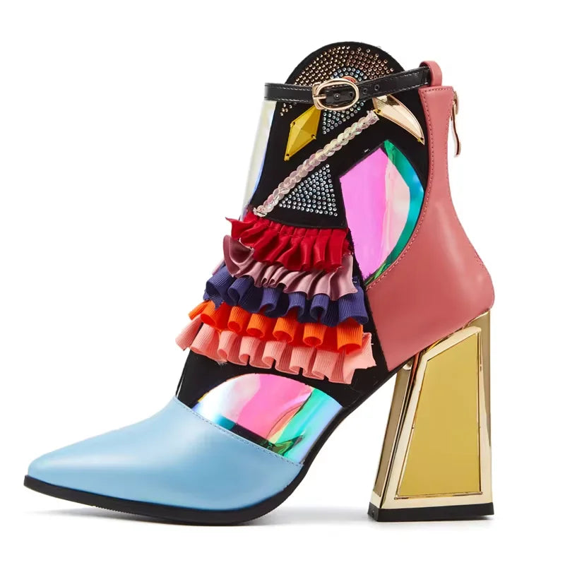 Botas femininas de cor misturada novetly dedo do pé apontado plataforma de fundo grosso botas de tornozelo feminino blingbling sapatos mujer moderna bota todos os jogos