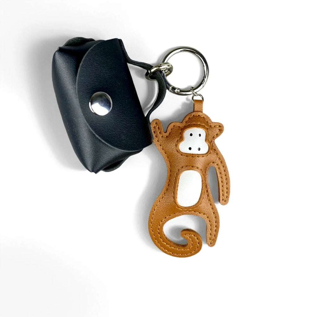 Conjunto de Chaveiro e Estojo para Fones de Ouvido em Couro PU Artesanal com Macaco/Adorável Macaco Pequeno com Cauda Encaracolada Divertida/Presente/Acessório