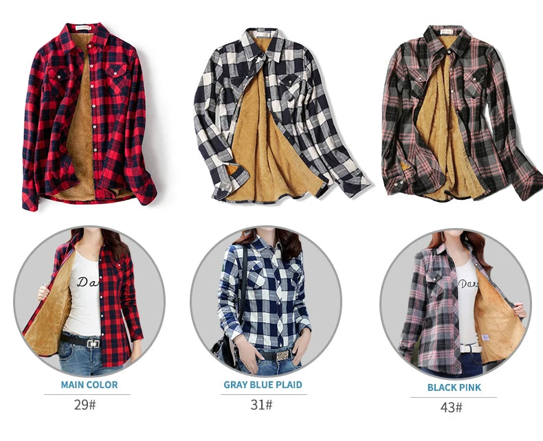 Camisa Xadrez Feminina de Veludo Grossa e Quente, Blusa Casual de Manga Longa com Forro de Lã para Inverno, Tamanhos M-5XL, Roupa de Outono T77710A