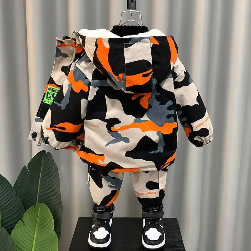 Casaco de blusão infantil com capuz, jaqueta de menino coreano, roupas infantis, camuflagem bonito, quente, inverno, outono, novo