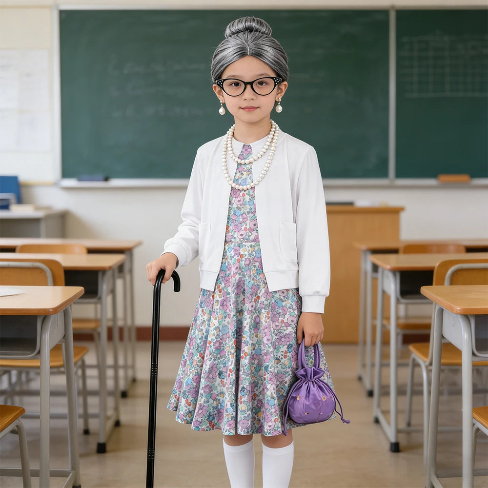 Disfarce tema festa crianças vovó vestir-se 100 dias de escola meninas realizar traje vestido com acessórios vestido de menina