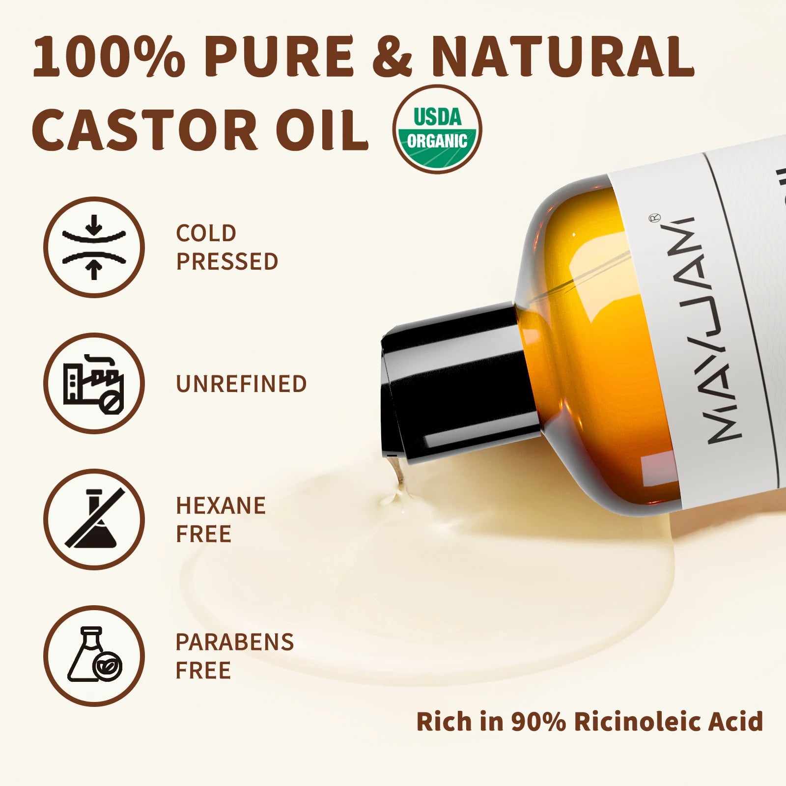 USAD Óleo de Rícino Orgânico Prensado a Frio Óleo Transportador Natural Puro para Massagem Boby Hidratante Rosto, Cabelo, Pele e Crescimento de Cílios