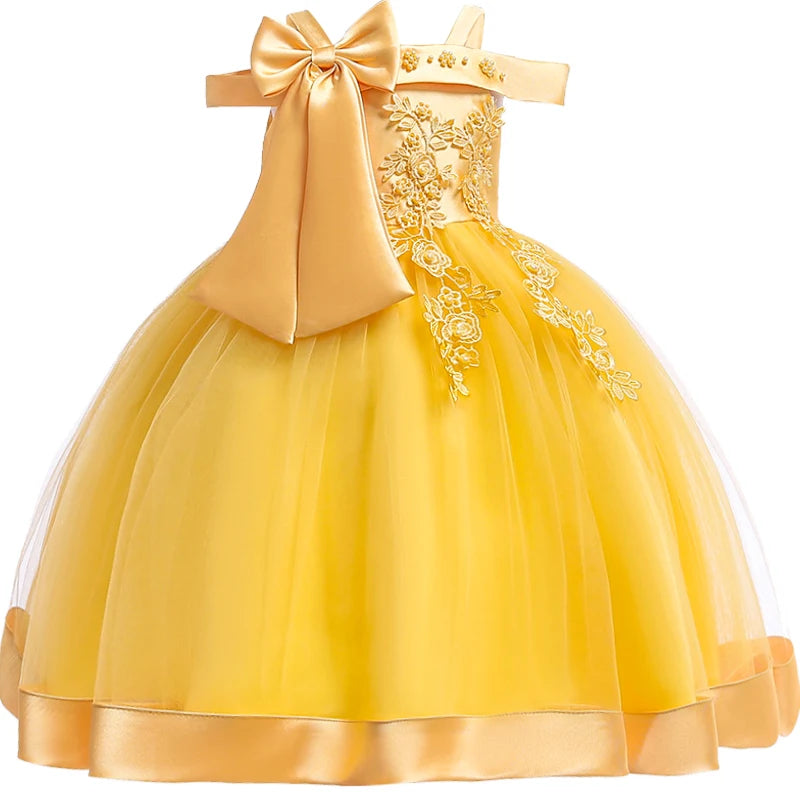 Apliques Femininos Flor Elegante Vestido de Noiva com Laço, Vestidos de Festa de Natal Infantil, 3 a 10 anos