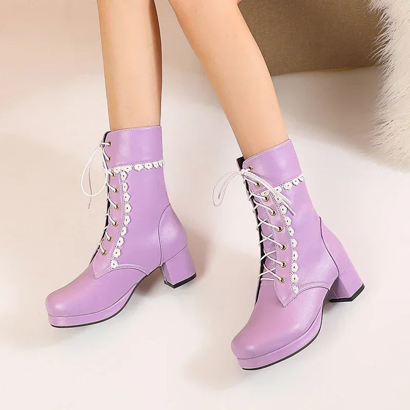 Moda feminina lolita meados de bezerro botas outono inverno elegante senhora cosplay sapatos de festa plataformas couro plus size botas dropship