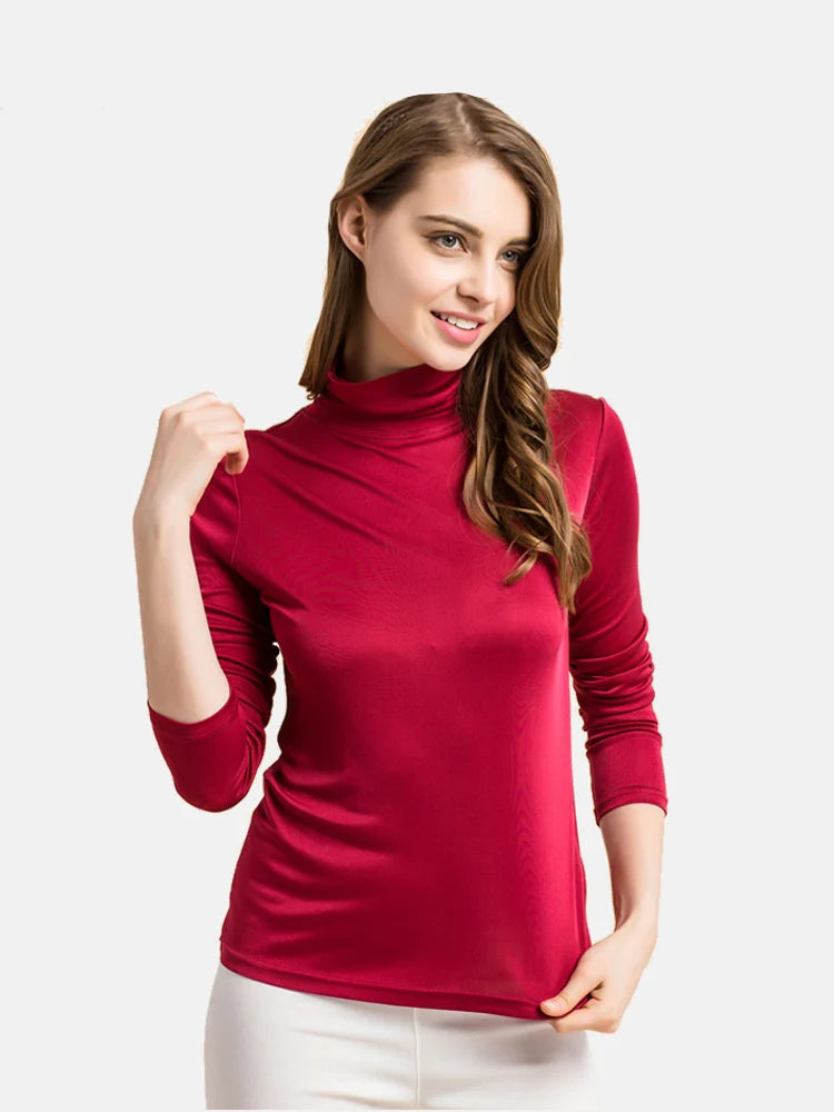 SuyaDream feminino gola alta, pulôveres sólidos de manga comprida, seda natural de malha, camiseta de fundo chique, top primavera outono 2025