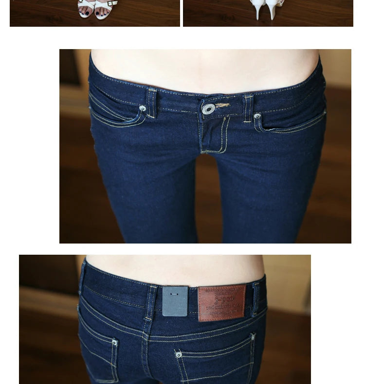 Calça Jeans Fena Skinny de Cintura Baixa Elástica e Esticável para Outono, Calça Longa Preta de Nove Pontos com Efeito Le...