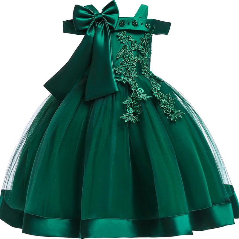 Apliques Femininos Flor Elegante Vestido de Noiva com Laço, Vestidos de Festa de Natal Infantil, 3 a 10 anos