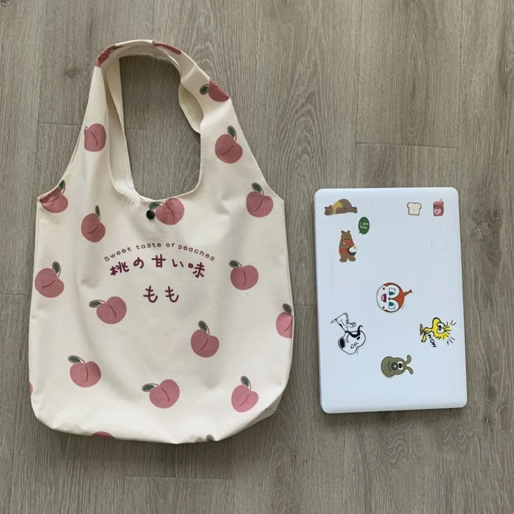 Sacola de morango bonito para meninas da escola, bolsas estéticas, bolsa Shopper Designer, mulheres Peach Print, bolsas de ombro Eco