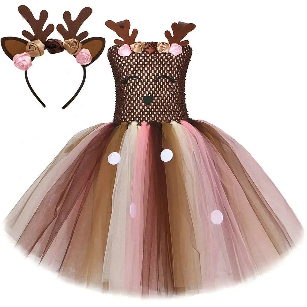 Bebê meninas trajes de veados de natal para crianças flor rena vestidos de princesa crianças natal ano novo ballet tutus outfit com arco