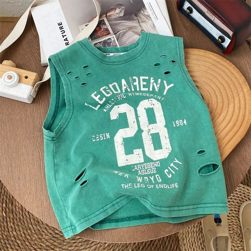 Verão bonito meninos novo preto puro algodão sem mangas perfurado camiseta estilo solto bebê crianças regata