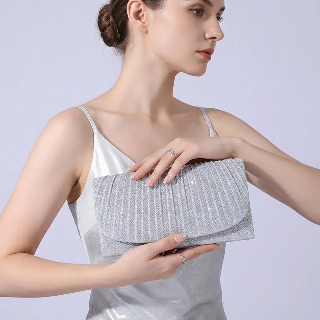 Bolsa de Noite Prateada com Glitter para Mulheres, Elegante e Fashion, Bolsa Longa com Cadeado, Clutch para Casamentos e Festas