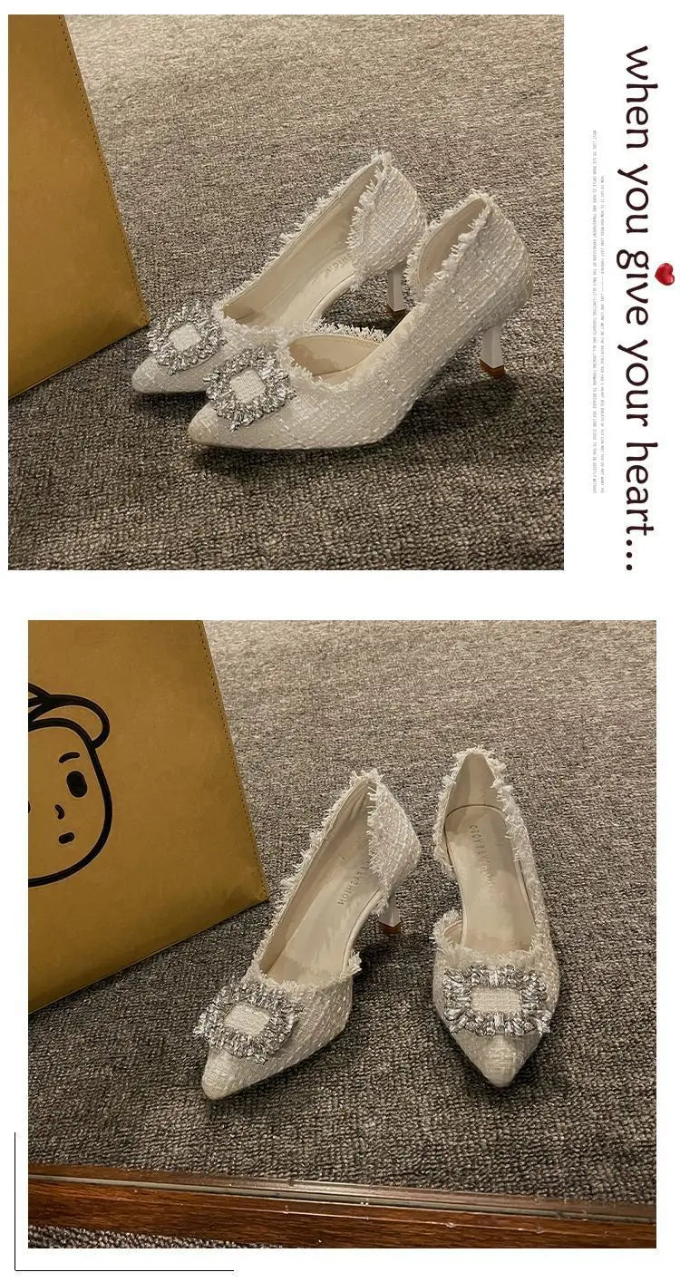 Salto estilete para mulheres, sandálias de strass, botão quadrado, sapatos de casamento, moda feminina, branco, 2024