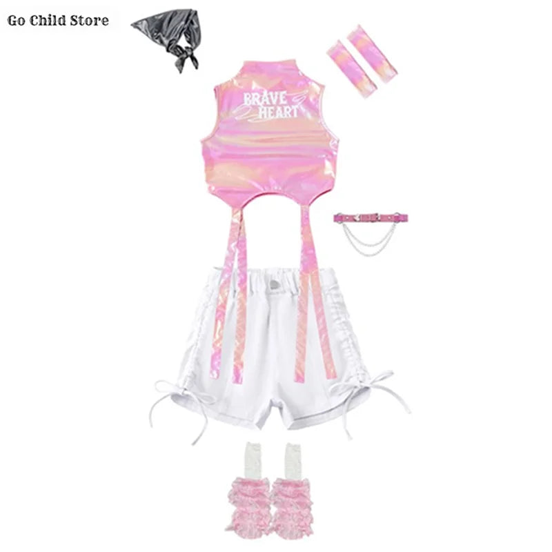 Meninas k-pop brilhante colheita superior calças de carga shorts de dança de rua crianças hip hop jazz conjuntos de roupas crianças streetwear menina grupo traje