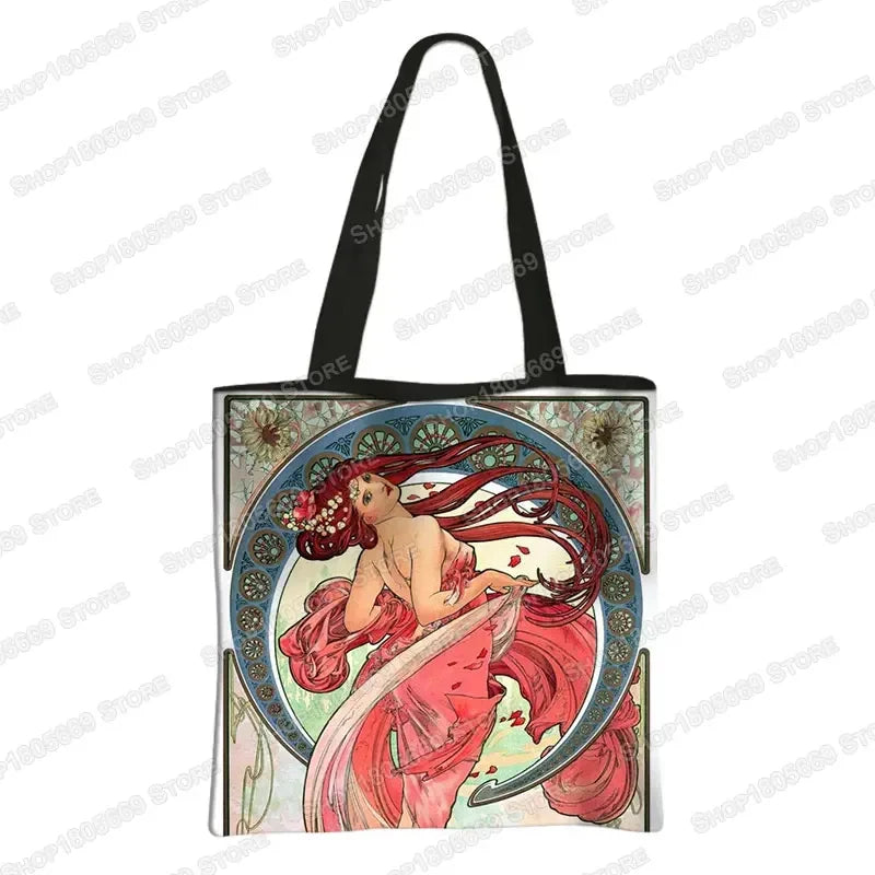 Alphonse Beauty Print Bolsa para Mulheres, Sacos De Compras De Armazenamento Reutilizável, Totes Casuais, Pintura A Óleo, Elegante Senhoras Tote