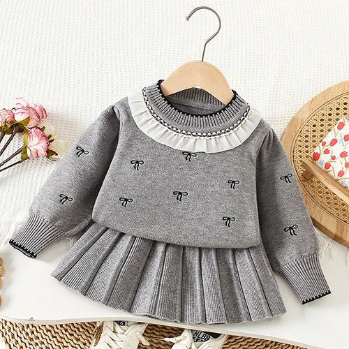 2025 novo outono 0-5yrs bebê meninas conjunto de roupas manga comprida malha cardigan casaco + saia curta crianças roupas de malha terno