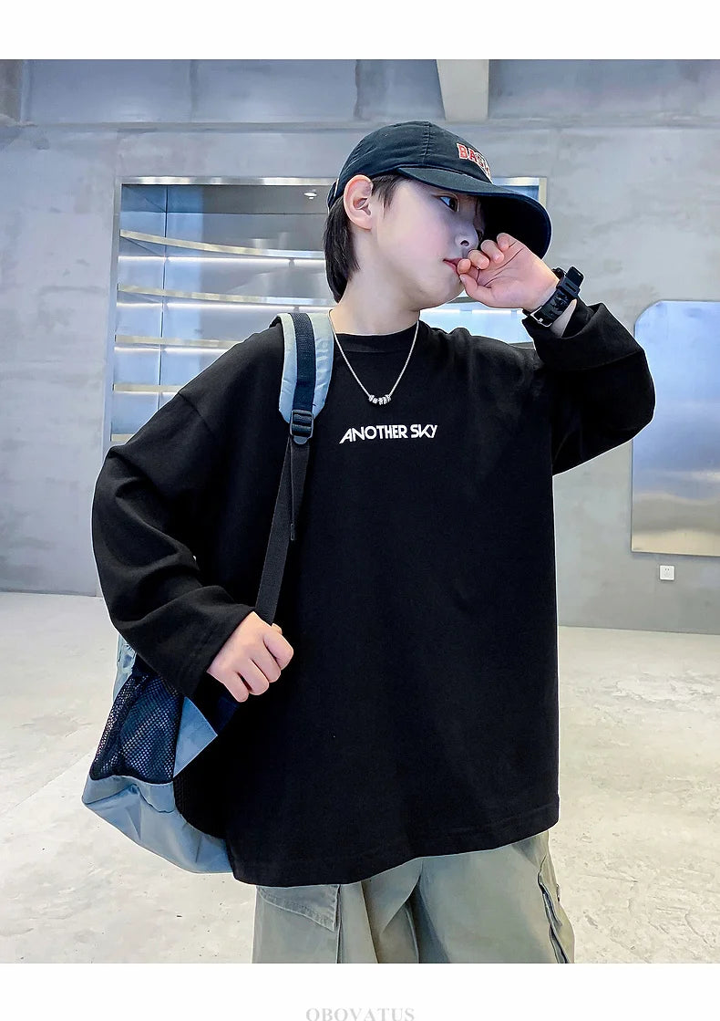 Nova primavera crianças manga longa camiseta de algodão para meninos solto estilo breve tshirt adolescentes crianças escola camisetas roupas de moda do bebê