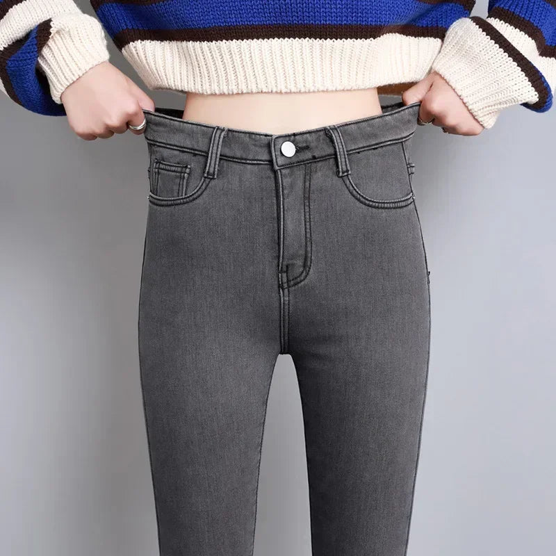 Inverno senhora térmica quente jeans de pelúcia magro estiramento jeans senhora fino ajuste lápis calças meninas perna reta denim
