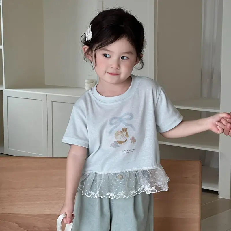 Crianças camisetas de manga curta 2025 verão novo arco dos desenhos animados impressão meninas rendas camiseta do bebê meninas algodão casual topos crianças roupas