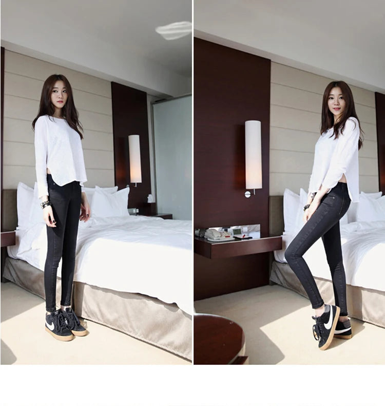 Calça Jeans Fena Skinny de Cintura Baixa Elástica e Esticável para Outono, Calça Longa Preta de Nove Pontos com Efeito Le...