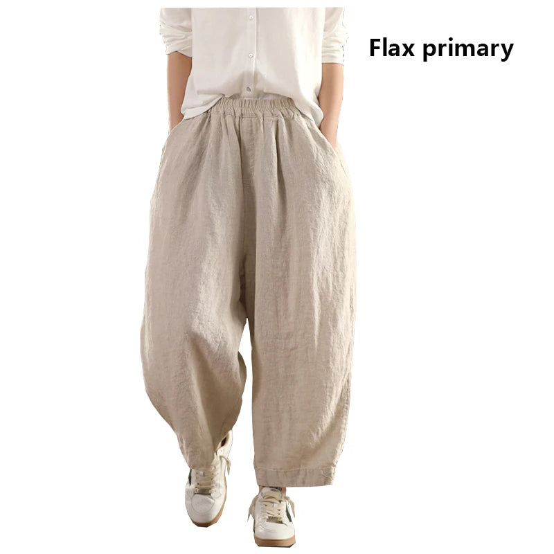 Calças compridas femininas de linho puro natural, estilo solto e retrô, calças largas, roupas de tamanho grande, casuais ao ar livre, confortáveis e legais
