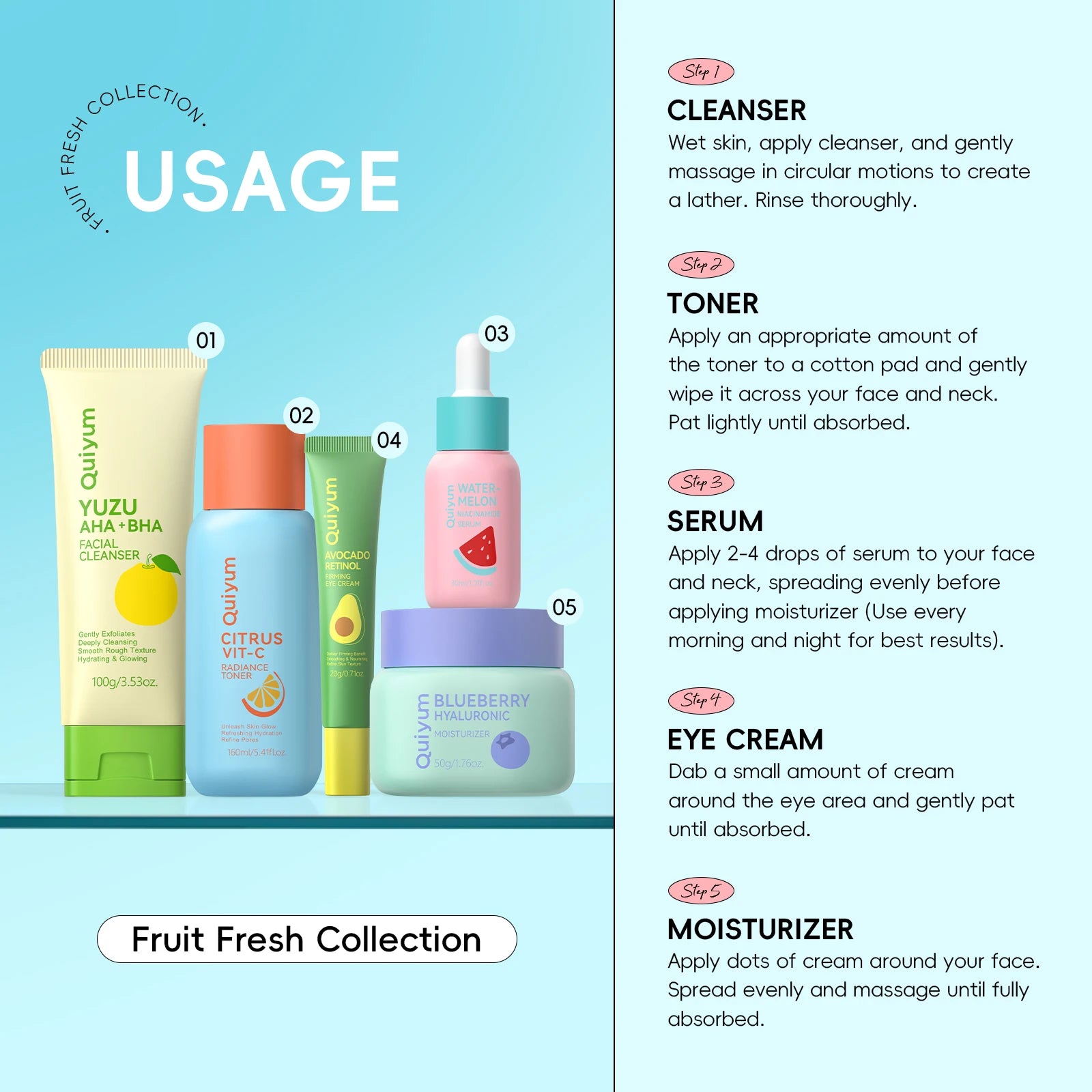 QUIYUM Fruit Fresh Collection Conjunto de cuidados com a pele de 5 peças, brilho, hidratante, anti-idade, cuidados faciais para pele seca e maçante