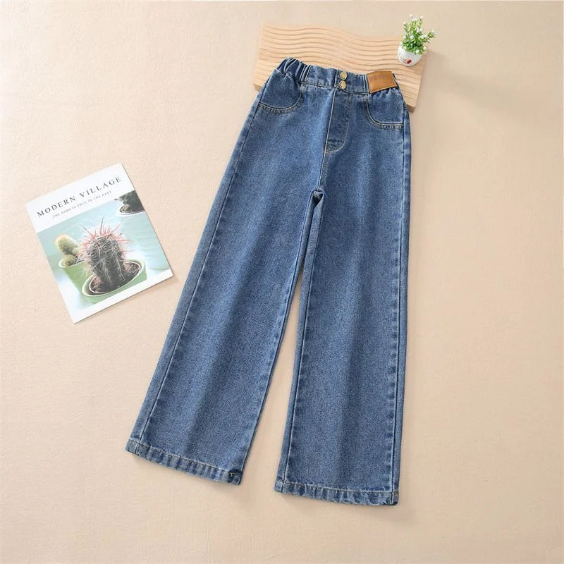 Jeans casuais soltos para meninas, calças longas retas para a escola, perna larga, para crianças de 5 a 14 anos, outono