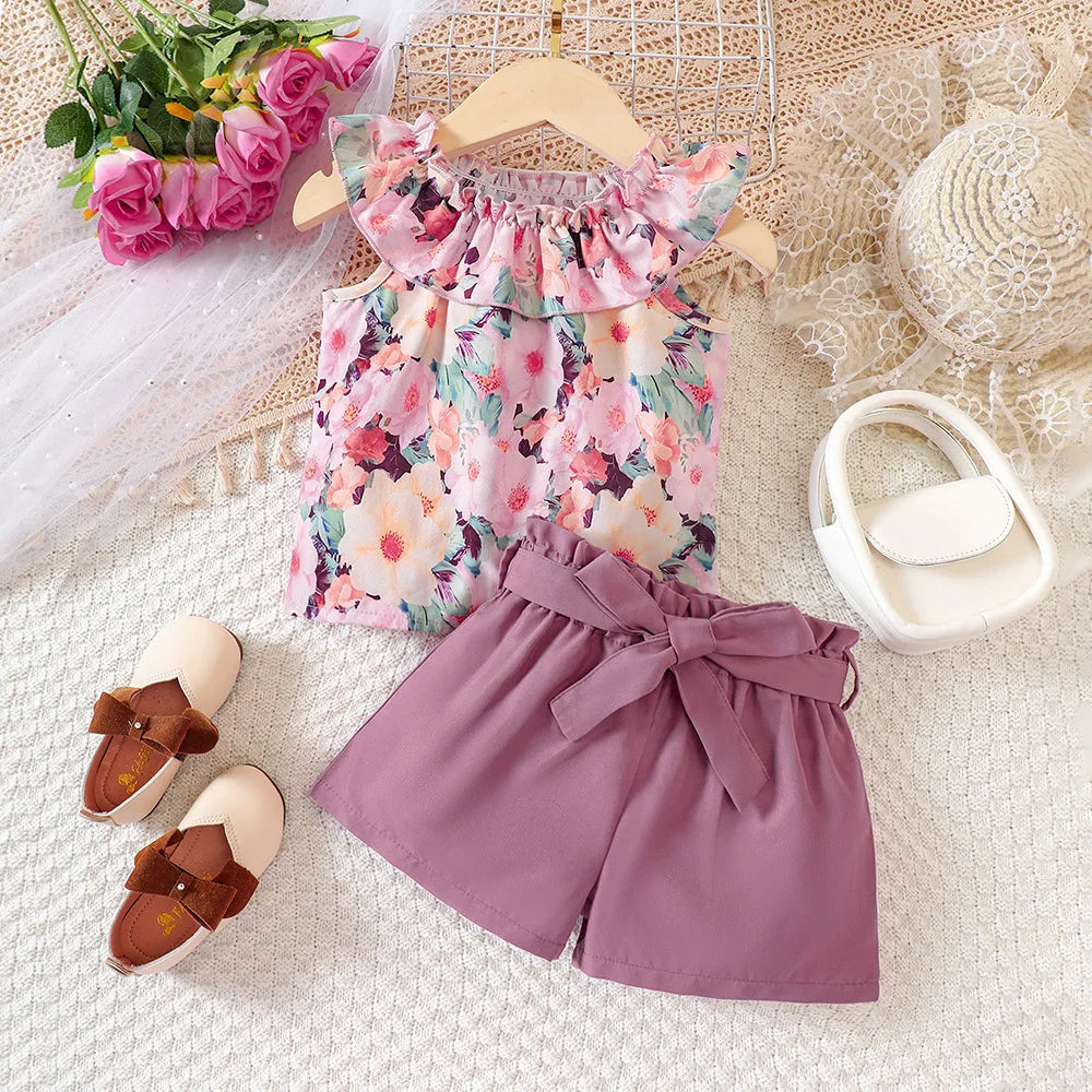 Conjuntos de Roupas Casuais de Verão para Meninas 2026 Novo Conjunto Infantil com Estampa Floral e Babados, Blusas e Calças Curtas, Moda para Crianças de 1 a 8 Anos