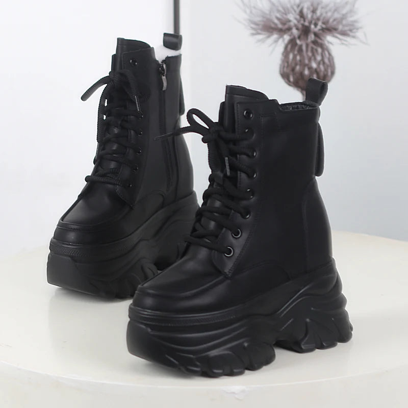 12cm outono plataforma botas de tornozelo feminino sapatos grossos rendas tênis mulher botas de couro sapatos de caminhada