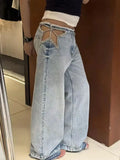 Calça Jeans Feminina Y2K Chic com Estrelas e Diamantes, Cintura Baixa, Recortes Laterais, Perna Larga Solta, Estilo Hip-Hop Streetwear Retrô Elegante