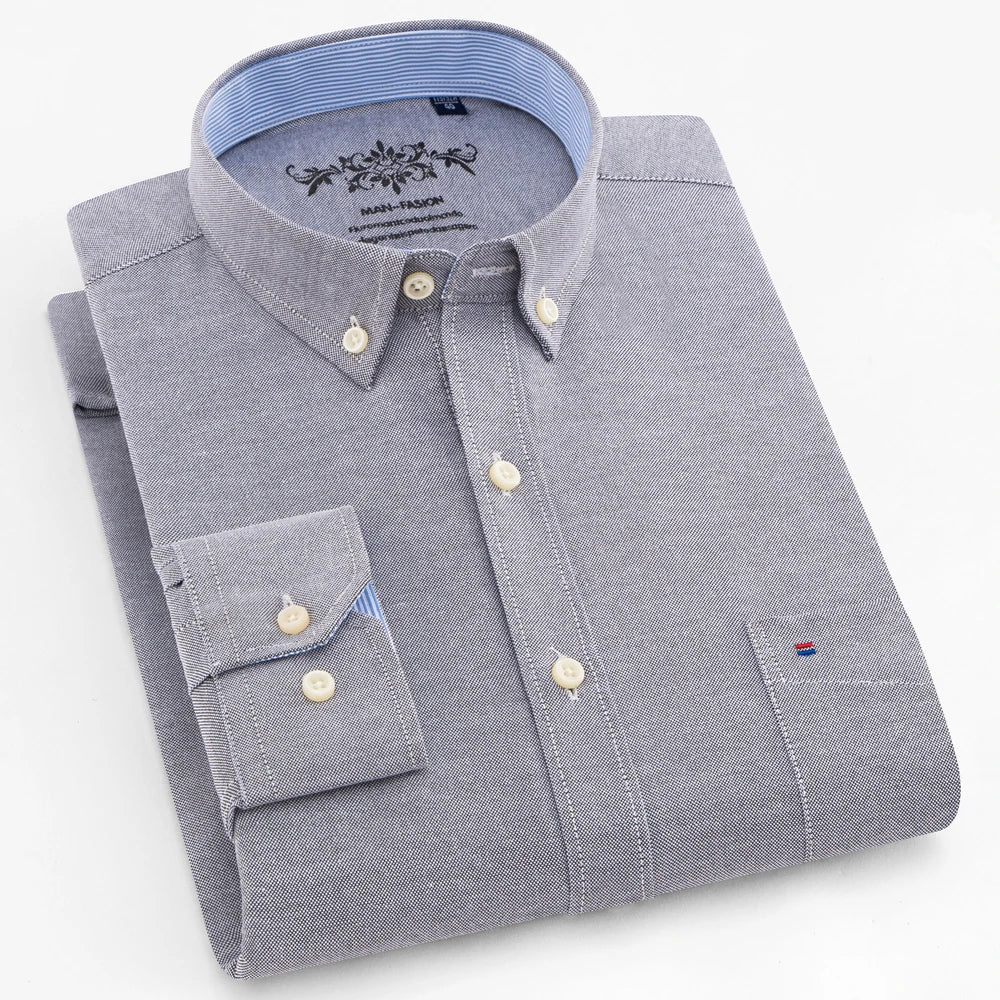 Camisa casual de trabalho listrada xadrez oxford de manga comprida masculina com bolso, camisas de botão de ajuste regular de mistura de algodão primavera outono