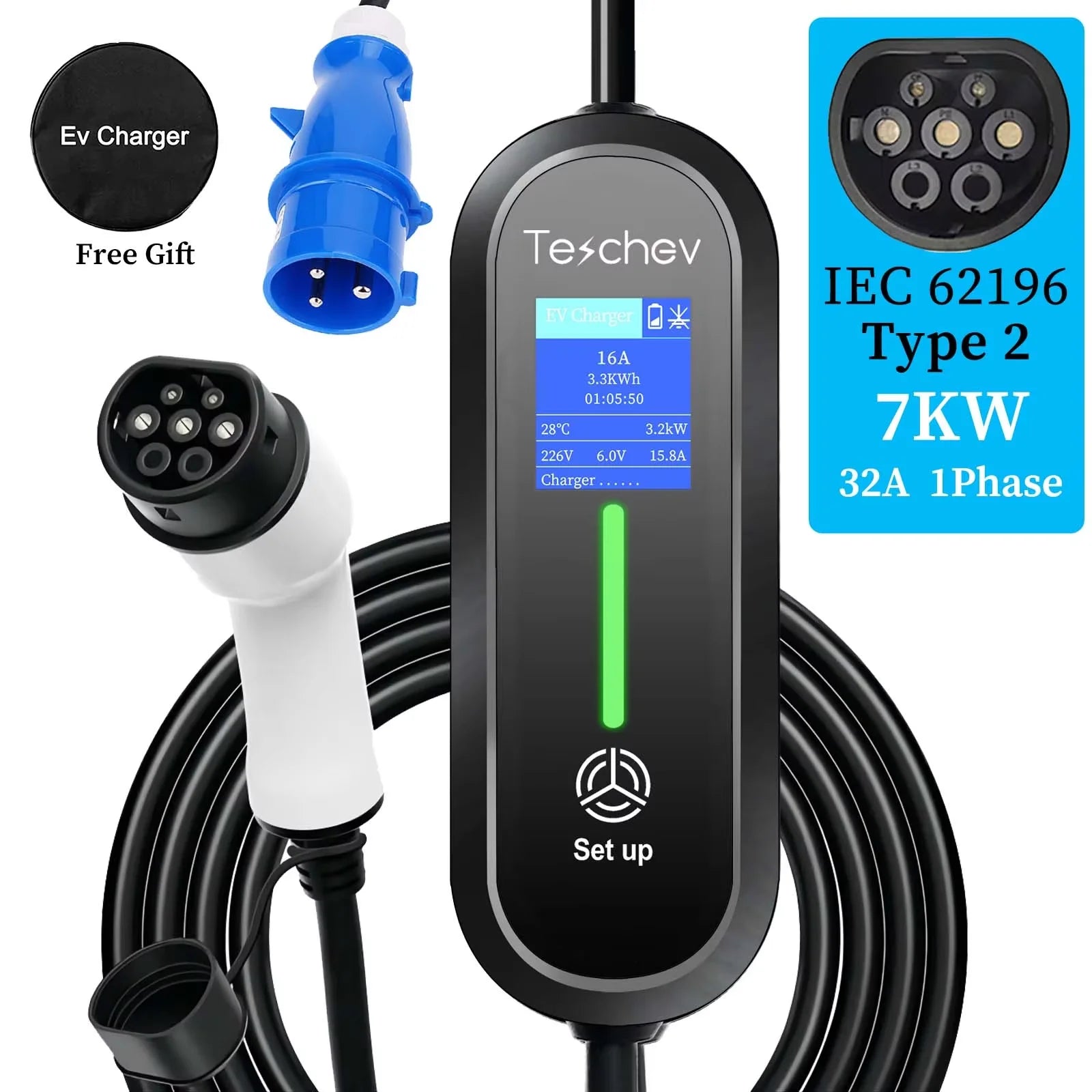 220v portátil ev carregador type2 iec 62196 carregador de carro elétrico 3.5kw 16a 1 fase evse carregamento rápido wallbox ev estação de carregamento