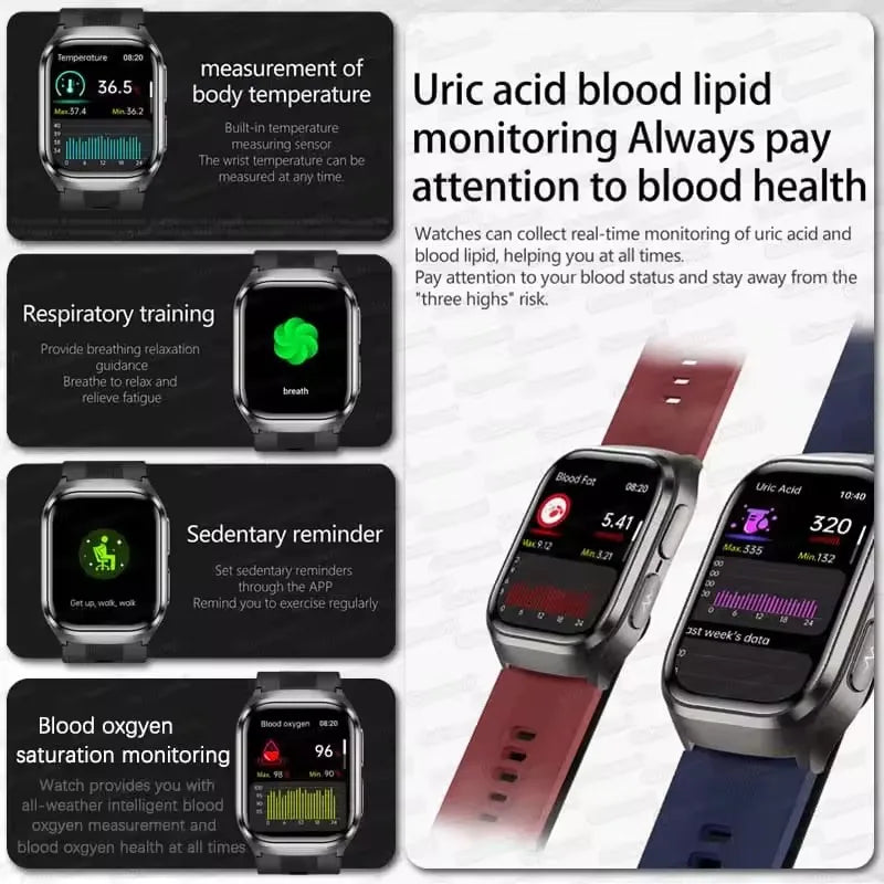 Novo Relógio de Saúde 2026: Medição Precisa de Pressão Arterial, Ácido Úrico e Lipídios no Sangue – Smartwatch Masculino e Feminino à Prova d'Água com Airbag