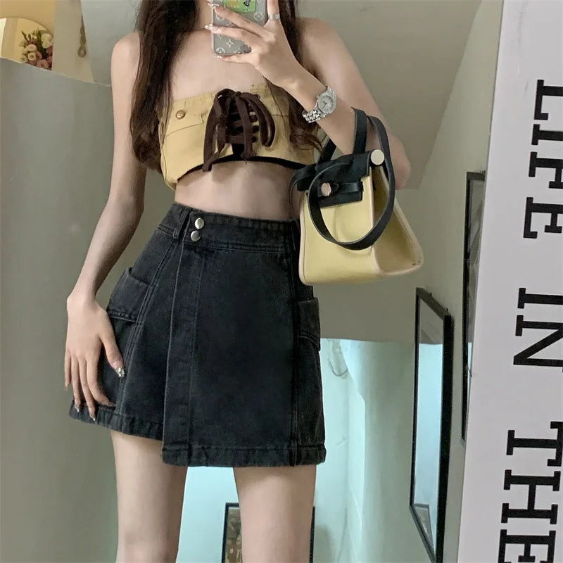 Saia Jeans  Assimétrica de Cintura Alta com Efeito Modelador, Tamanhos andes Fs, Moda Verão 2023