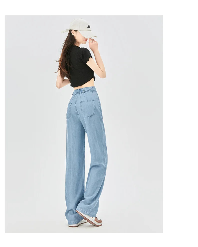 Jeans de cintura alta de seda gelo feminino, verão, azul, solto, perna larga, elegante, simples, lazer, todos os fósforos, diário, na moda, chique, moda coreana