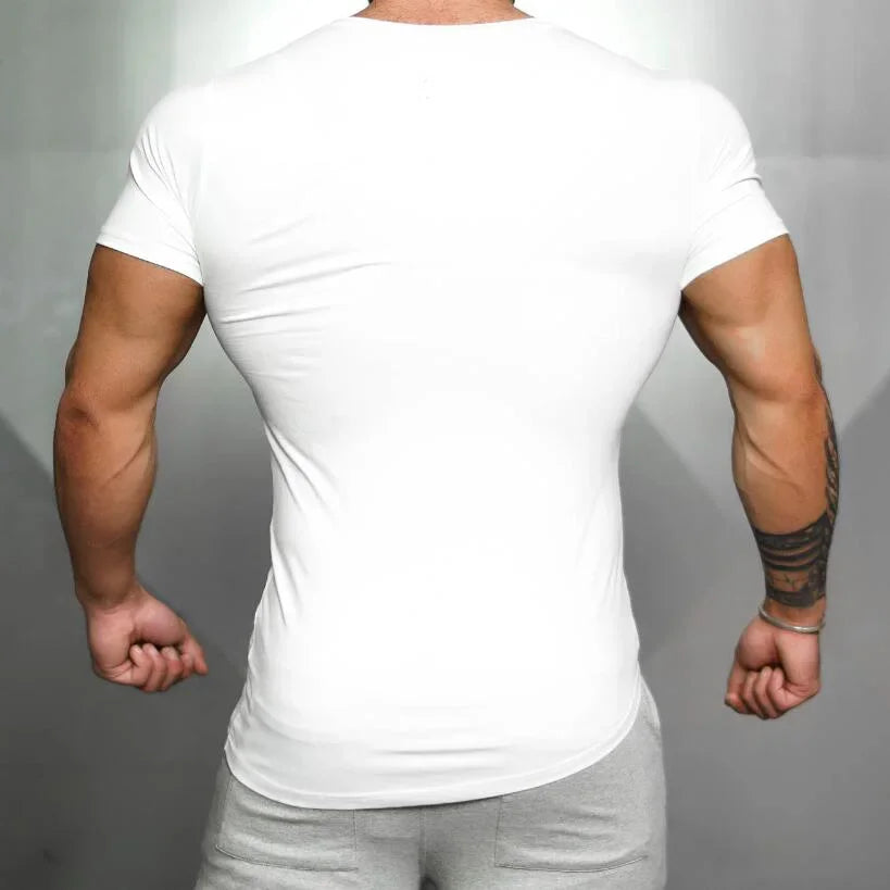 Camiseta apertada masculina Slim Fit Fitness, roupa sólida, top de algodão, musculação branca, verão, academias, marca