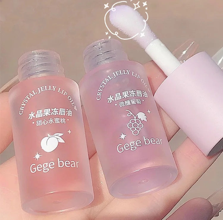Óleo Labial Gege Bear Crystal Jelly Fruit com Pêssego, Uva e Abacate, Hidratante, Nutritivo e Clareador de Linhas Labiais