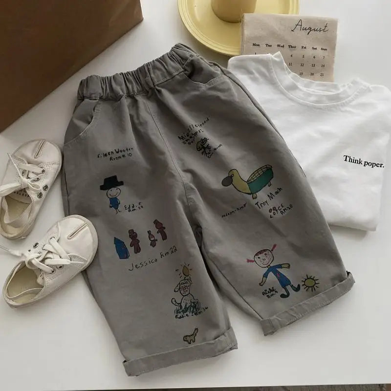Japão coreano crianças roupas menino crianças moda calças primavera outono bebê bolso tornozelo comprimento solto menina dos desenhos animados calças casuais