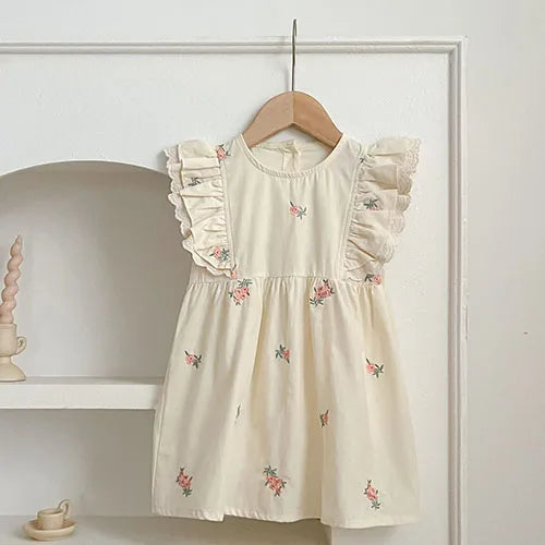 2025 novo verão crianças vestido 2-6 anos crianças vestidos de princesa manga voadora algodão bordado bebê menina vestido de festa irmã roupas