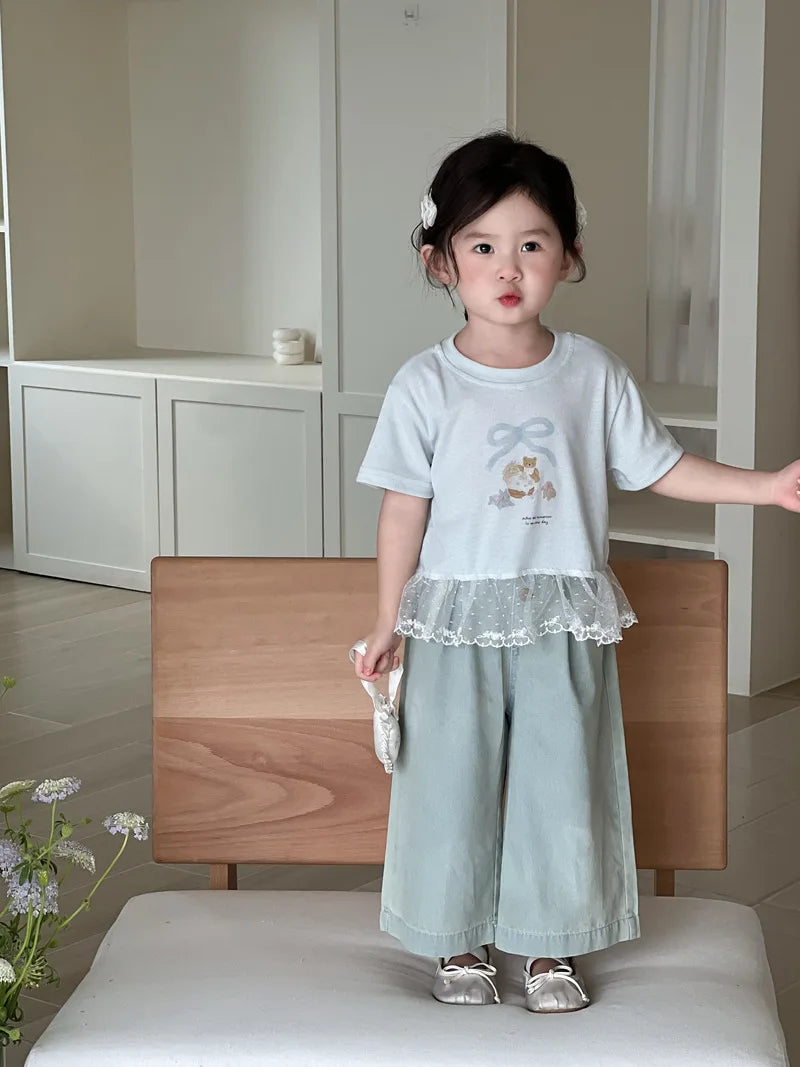 Crianças camisetas de manga curta 2025 verão novo arco dos desenhos animados impressão meninas rendas camiseta do bebê meninas algodão casual topos crianças roupas