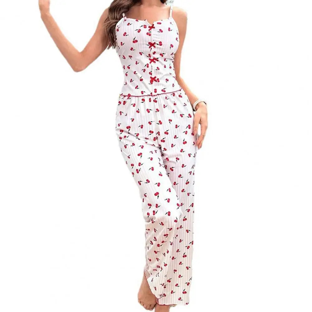 2 pçs/set feminino colete calças terno arco coração impressão sem mangas shirring borda superior malha retalhos calças homewear roupa de dormir