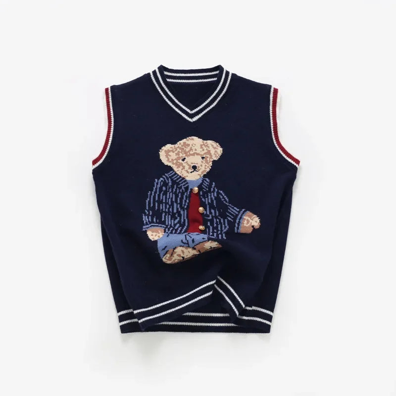 Colete camisola para crianças urso malha topos sem mangas pulôver de malha de natal bonito bebê meninos meninas roupas crianças sem mangas topos