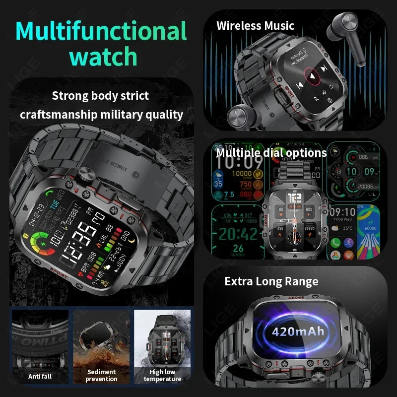 Relógio inteligente militar robusto à prova d'água para homens, relógios ao ar livre, chamada Bluetooth, Android IOS, LIP68, 2.01 "Al Voice, 2026