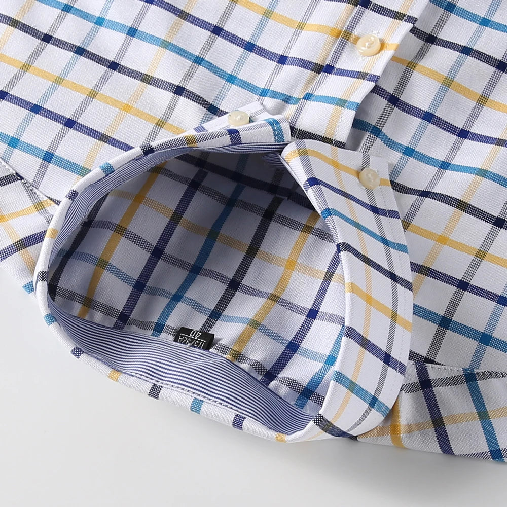 Camisas de vestido de algodão com design de gola de lapela listrada xadrez na moda masculina, camisa casual de manga comprida com botões para primavera/outono